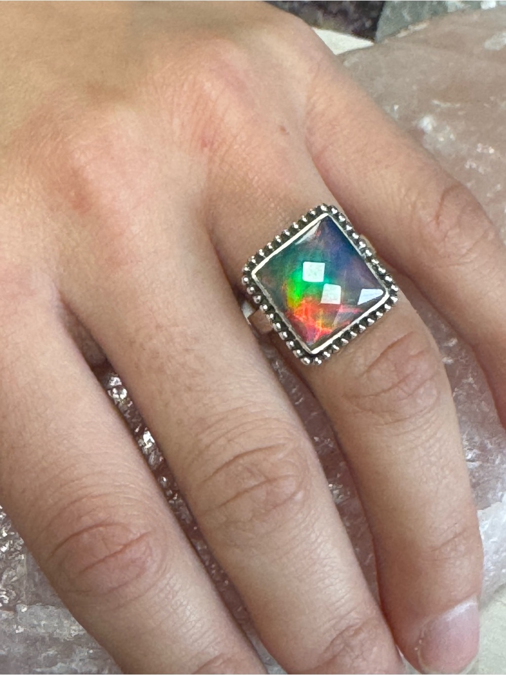 Aurora Opal Sterling Silver Statement Ring in Multi-Colour - Size 6